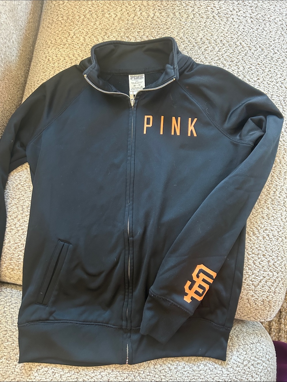 PINK Victoria's Secret Black Zip-Up Jacket with Orange Logos